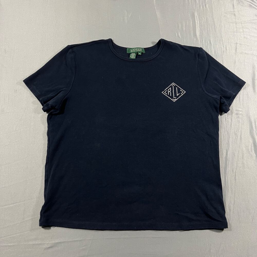 Lauren Ralph Lauren Women’s Navy Blue T Shirt Medium Rhinestone RL Logo